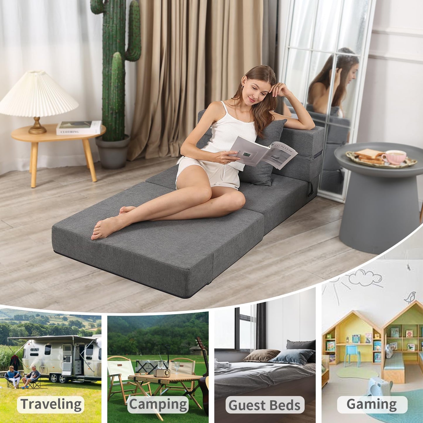 LOVMOC Futon Sofa Bed With High-Density Memory Foam and Fluffy Pillow, Folding Floor Couch Guest Bed, Single Size, Dark Grey