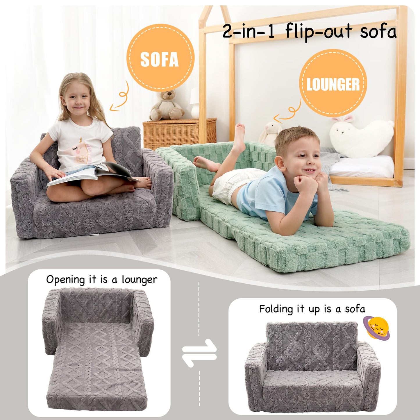 MallSingel Toddler Couch for Kids – 2-in-1 Fold Out Sofa and Lounger, Soft Flannel Convertible Chair, Flip Open Kids Couch (Grey)