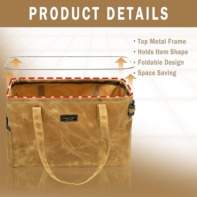 Open Top Tool Bag, Heavy Duty 16oz Waxed Canvas Tool Bag with Inside Pockets & Sturdy Handles - for Gardner Carpenter Craftsman - Tool Tote Bag Pouch | 15"Lx7"Wx10"H | Khaki