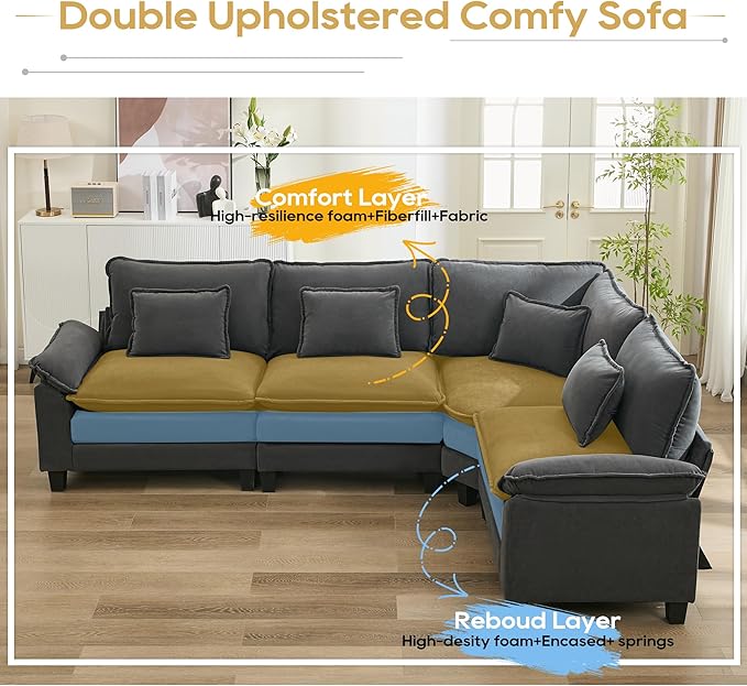 URRED Cloud Couch Modular Sectional Sofa, 116" Modern L Shaped Deep Seat Sofa with Pillows, Ultra Comfy Velvet Corner Couches for Living Room, Bedroom or Apartment, Dark Gray