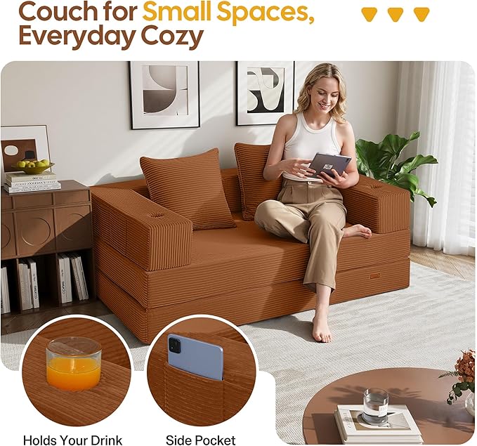 COMAX Futon Sofa Bed, 4‑in‑1 Convertible Sofa Bed, Folding Boneless Couches for Living Room, Fold Out Small Foldable Loveseat Floor Sleeper Comfy Mattress Lounge Space‑Saving, Orange