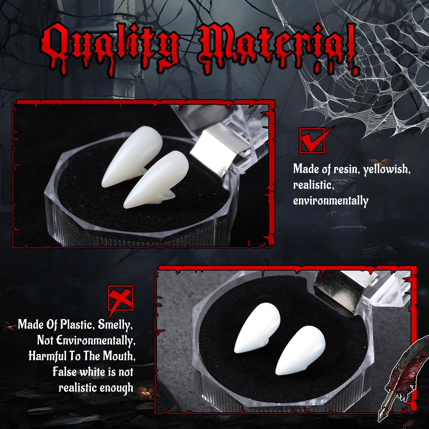 VANERIA 4 Pairs Vampire Fangs,4 Size Fangs For Cosplay Halloween with Tube Solid Adhesive,Vampire Coffin Gift Box Design,Fake Fangs Vegan/Cruelty Free