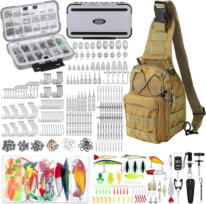 Sosation 482 Pcs Fishing Gifts for Men Fishing Sling Bag Tool Gear Equipment Accessories Kit Fish Backpack Tackle Box with...