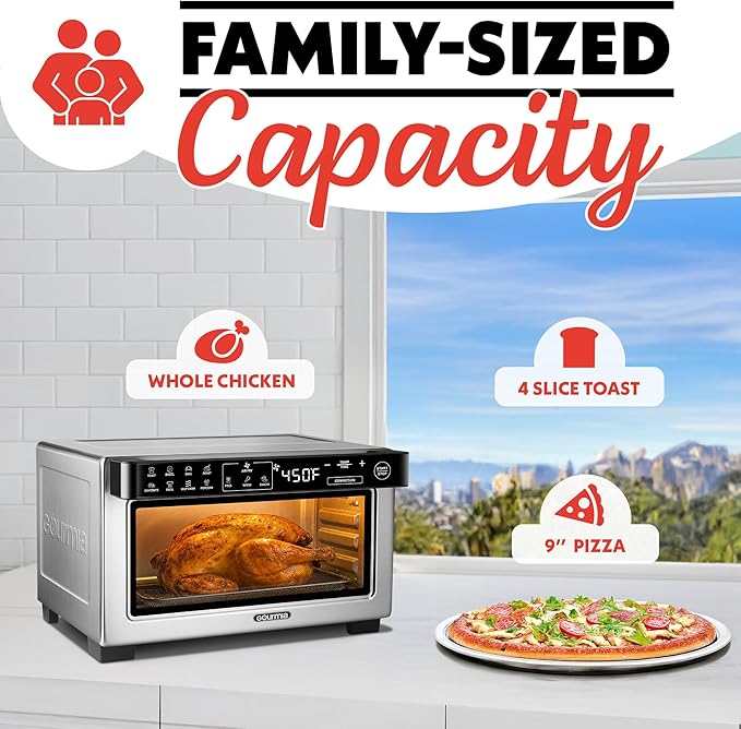 Gourmia Toaster Oven Digital Air Fryer - Convection Mode with 4 Slice Capacity, 3 Rack Positions, 12 Presets, Toast, Bagel, Bake, Roast, Broil, Dehydrate, Popcorn, Fits 9" Pizza, Stainless Steel