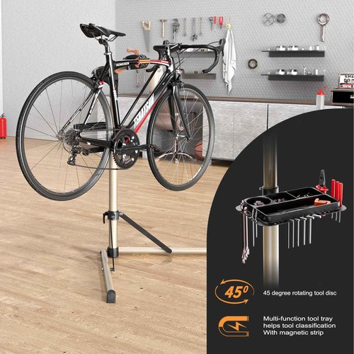 teraysun Bike Repair Stand (Max 99lbs) - Aluminum Alloy Foldable Bike Workstand with Tool Tray , Shop Home Mechanics for Mountain Bicycle and Road Bike
