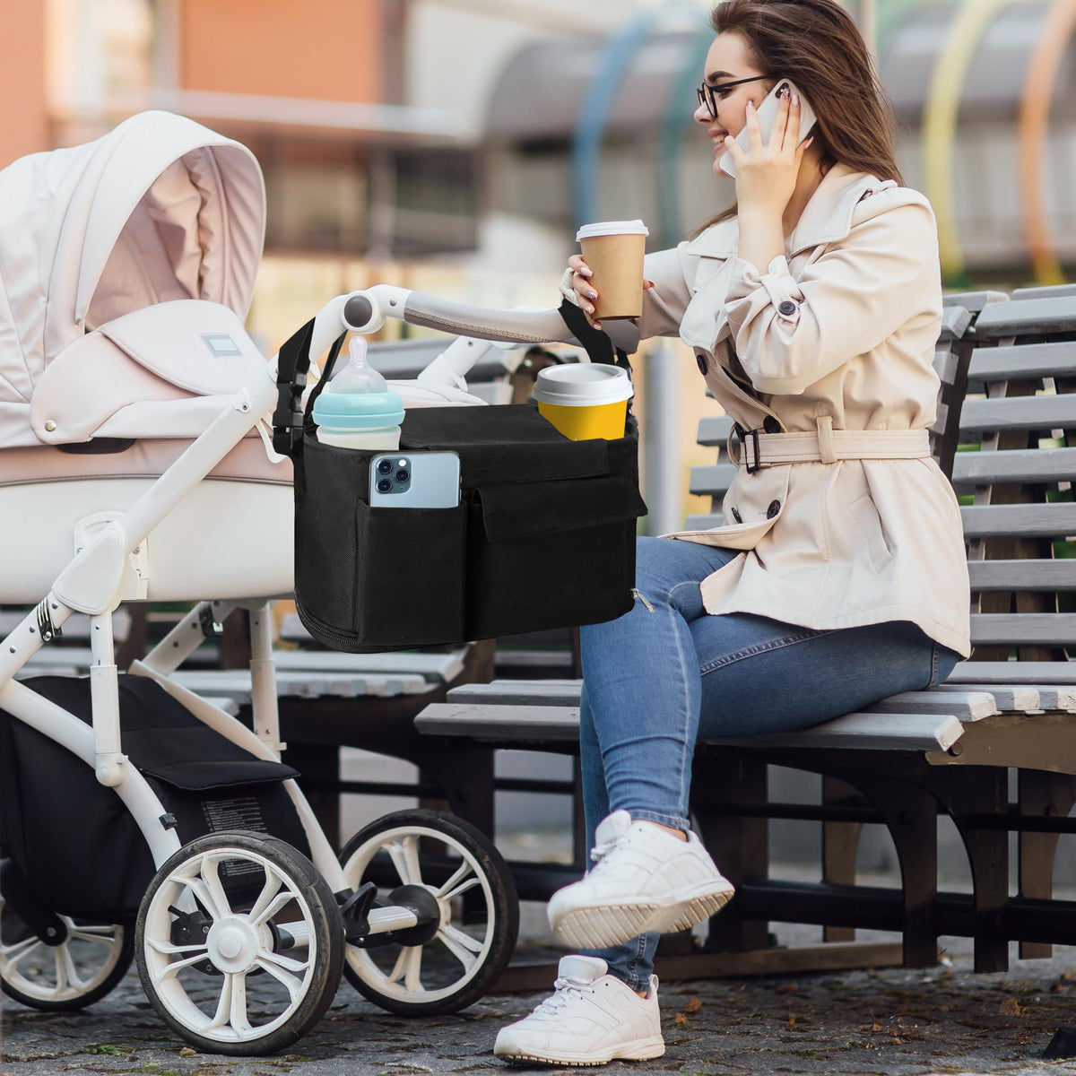 Rasfalo Universal Stroller Caddy Expandable Organizers & Detachable Shoulder Strap, Stroller Organizer With Cup Holder Fits for Stroller Like Uppababy, Baby Jogger, BOB, Doona, Britax