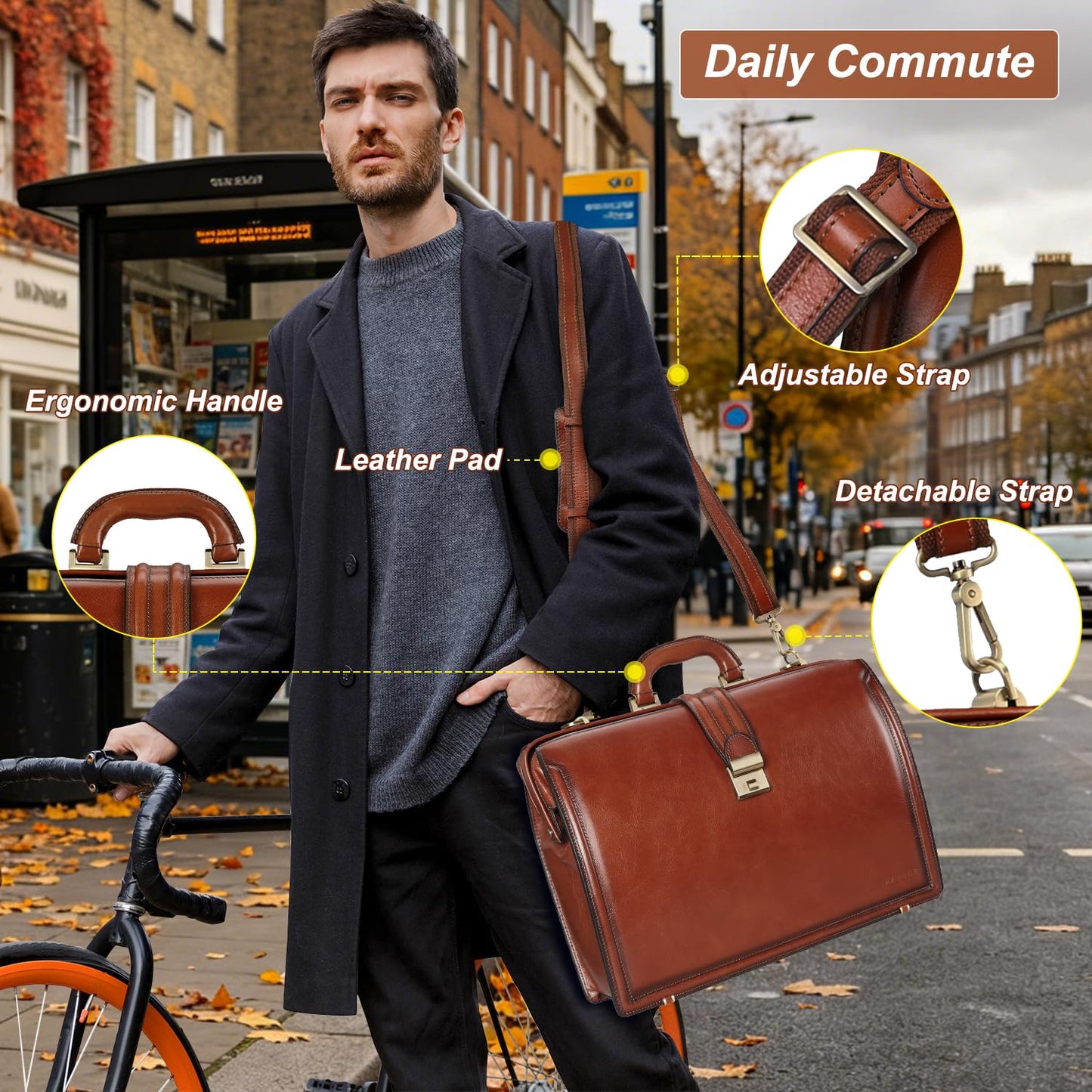 Banuce Premium Italian Full Grain Leather Briefcase for Men with Lock Fits 15.6 Inch Latop Legal Attorney Lawyer Briefcase Doctor Bag with Ergonomic Handle Office Work Business Travel Brown