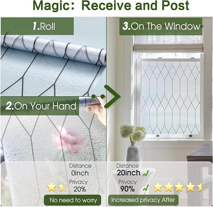 Windimiley Window Privacy Film Stained Glass Static Clings, Bathroom Frosted Leaded Decorative Window Stickers, UV Heat Blocking Opaque Removable for Home Door Coverings (35.4 x 394in,Pure)