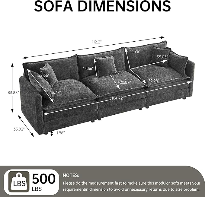 saows Modular Sectional Sofa, 112.2 Inch Rectangle Shaped Couch Set with Armrests, 3-Seater Comfy Cloud Couches for Living Room Apartment, Grey