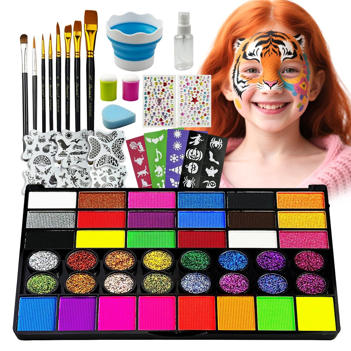 Professional Face Painting Kit for Kids,42 Color Water Activated Face Paint with Stencils,Brush,Wash Cup,Spray Bottle for Halloween, Parties, Carnival, School Event & Festivals (42-Color)