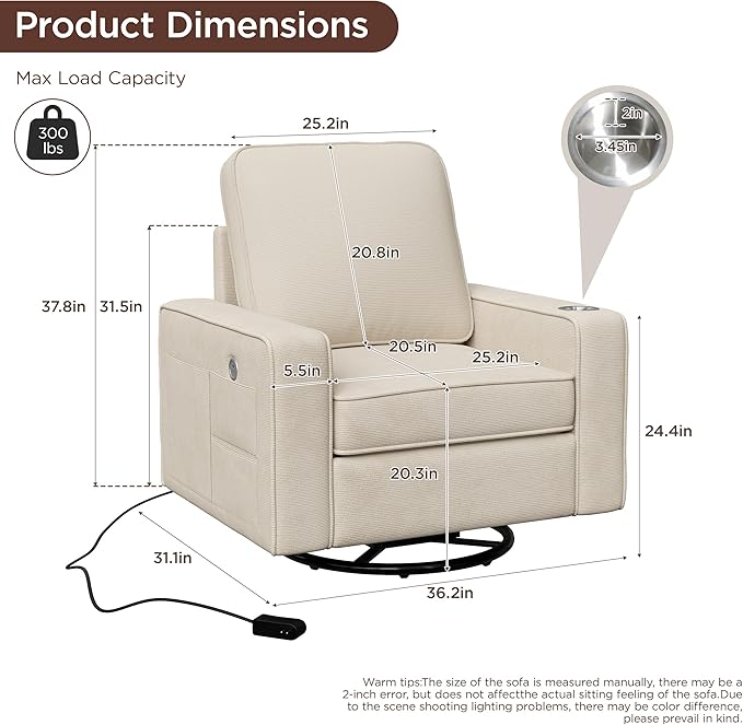 Swivel Square Accent Chair with Wide Armrests,360° Rotating Comfy Single Sofa Chairs with USB/Type-C,Cup Holder & Side Pocket,Modern Armchair for Living Room Bedroom Reading Lounge Nook,Beige White | Swivel Accent Chair, with USB/Type-C, Cup Holder, Si...