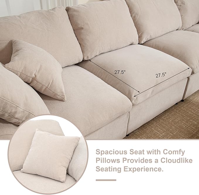 KIVENJAJA 130.3" W Oversized Cloud Couches for Living Room, 7 Seater Convertible Modular Sectional Sofa with Ottoman, Large U Shaped Corner Couch Furniture Set, Chenille Fabric, Modern, Beige
