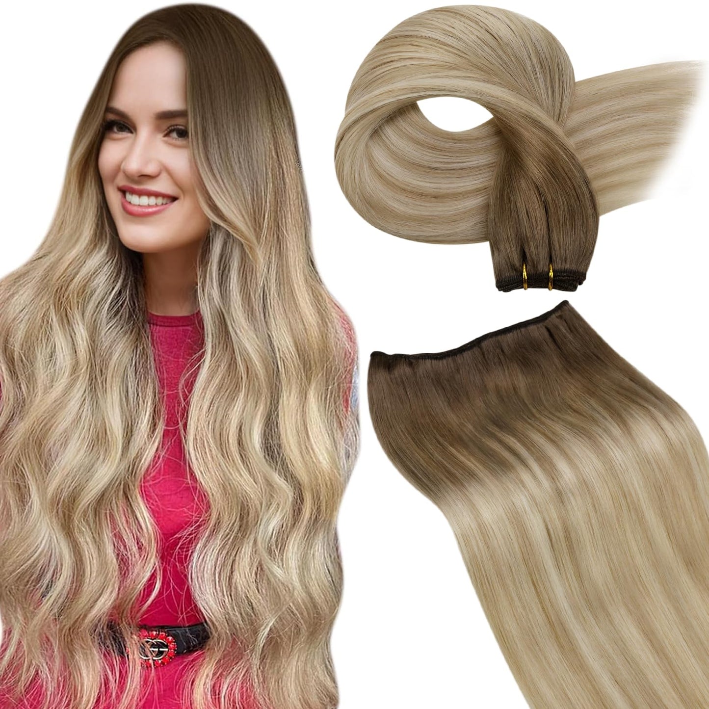 LaaVoo Sew in Hair Extensions Real Human Hair Brown Ombre Weft Extensions Light Brown to Platinum Blonde Balayage Ash Blonde Hai
