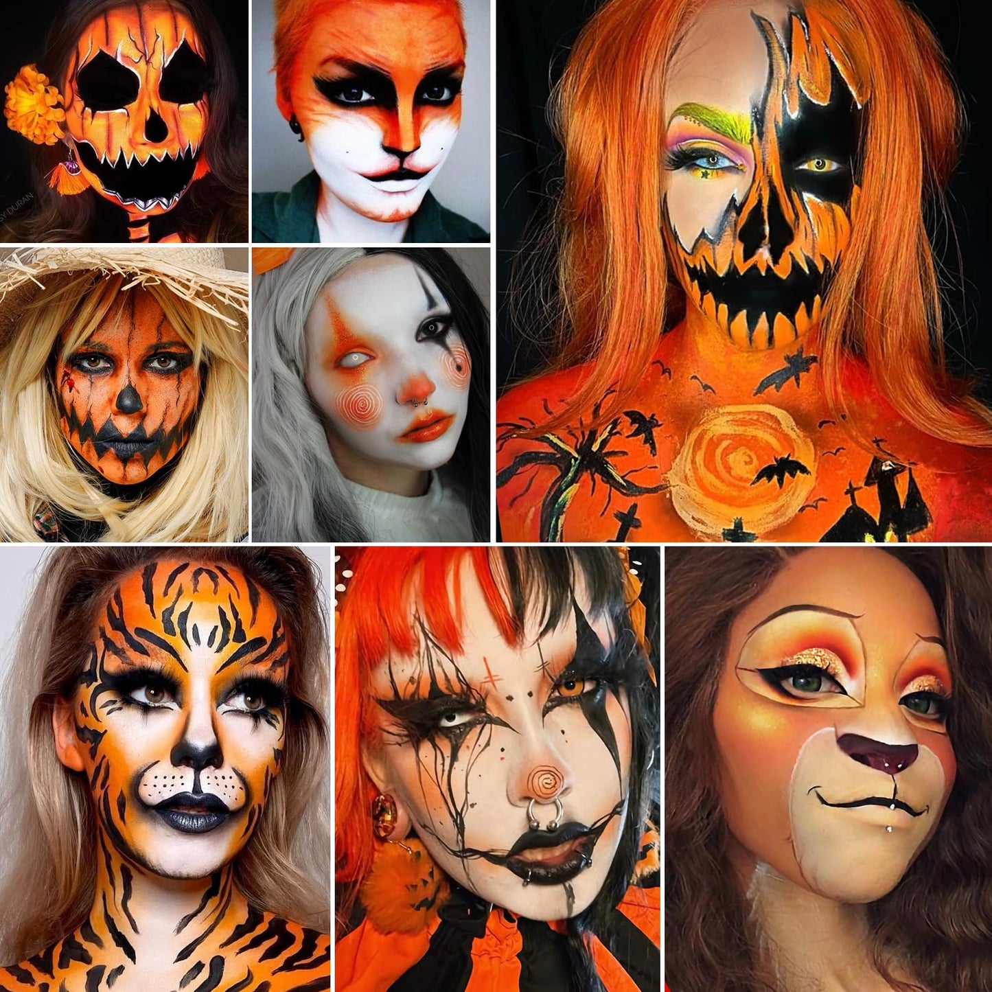 Black Orange Yellow Face Body Paint, Halloween Scarecrow Makeup Kit (3 Sponges + 5 Brushes), 9 Pcs Oil Based Non Toxic Face Pain