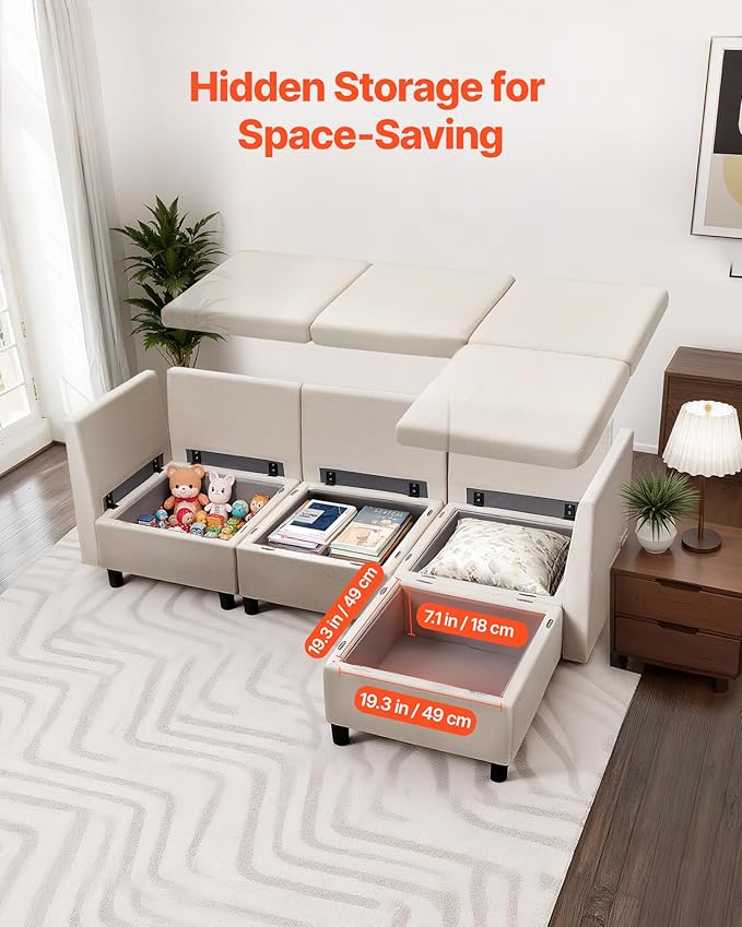 VEVOR Modular Sectional Sofa, 3-Seater Modular Sofa with Hidden Storage, Customizable Cloud Sectional Couch with Ottoman, Solid Wood Frame Upholstered Couch for Living Room, Bedroom, Beige