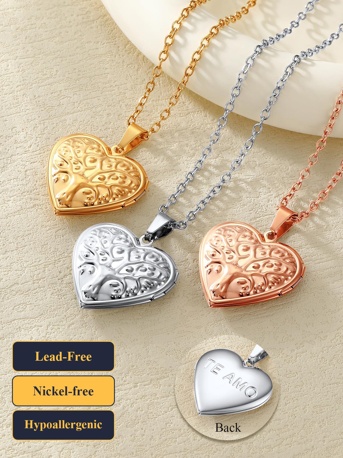 U7 Platinum Plated Family Tree Heart Shape Photo Locket Necklace, Christmas with Decent Box