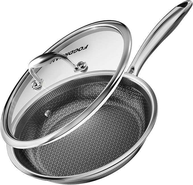 FogDream 12 Inch Non Stick Frying Pans, Stainless Steel Skillet with Tempered Glass Lid Tri-Ply Stainless Steel for All Cooktops, Dishwasher & Oven-Safe Cooking Pan, Stay-Cool Handle, Silver