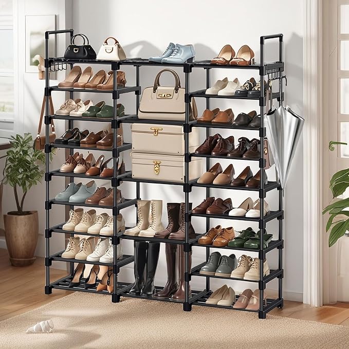 KKU Shoe Rack Organizer, Shoe Organizer Storage Cabinet with 2 Multi-Purpose Hooks Hang up Cloth & Umbrella 9-Tier Portable Closet for Front Door Entrance (Capacity 50-55 Pairs)
