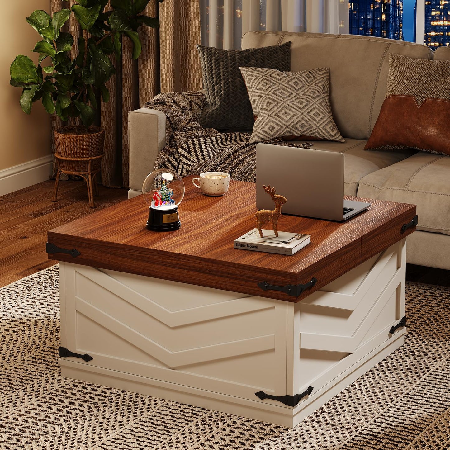 UNIQUITE 31.5'' Lift Top Coffee Table, Sliding Top Square Center Table with Large Hidden Storage Organizer, Multi-Functional Farmhouse Coffee Tables for Living Room, Bedroom, Home Office, White