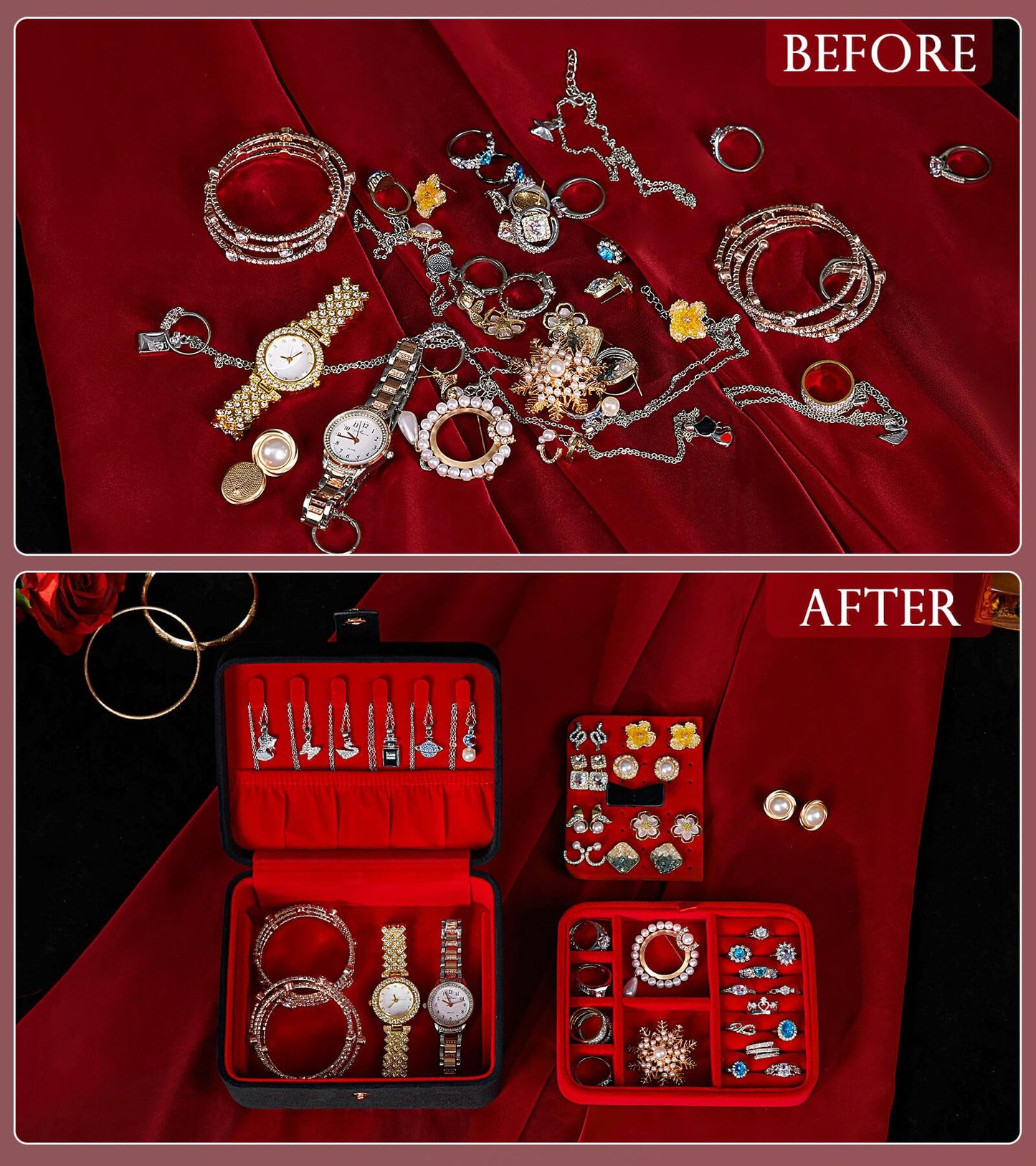 Homde Jewelry Box Small for Women: Ring Earring Organizer Storage for Dresser - Necklace Bracelets Holder with Multi Compartments(Black + Red)