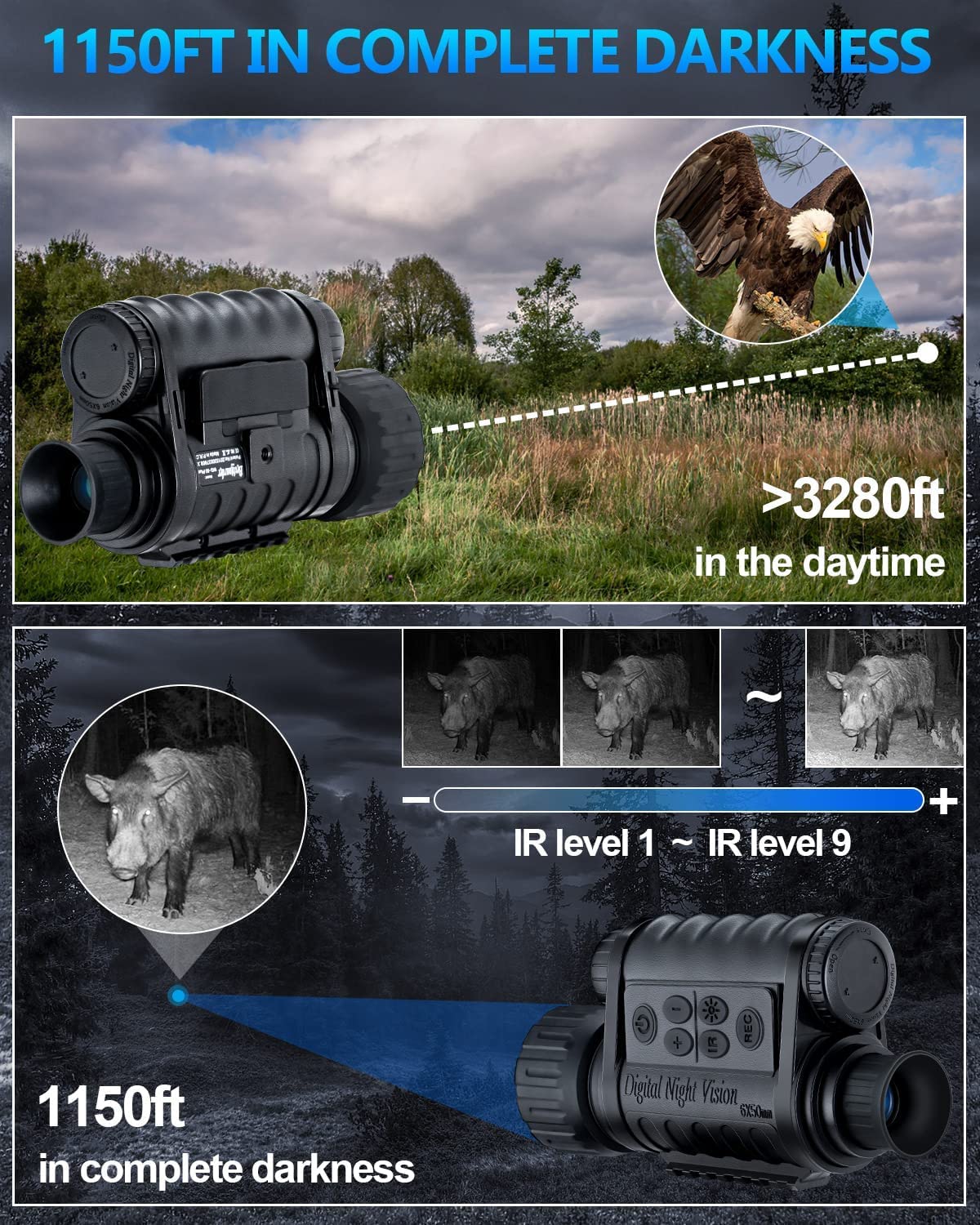Bestguarder WiFi Night Vision Monocular Support Smartphone iOS/Android Night Watching HD in Full Darkness Clearly Infrared Camera Telescope 12MP Photo Video 5X Digital Zoom Night Vision Binocular