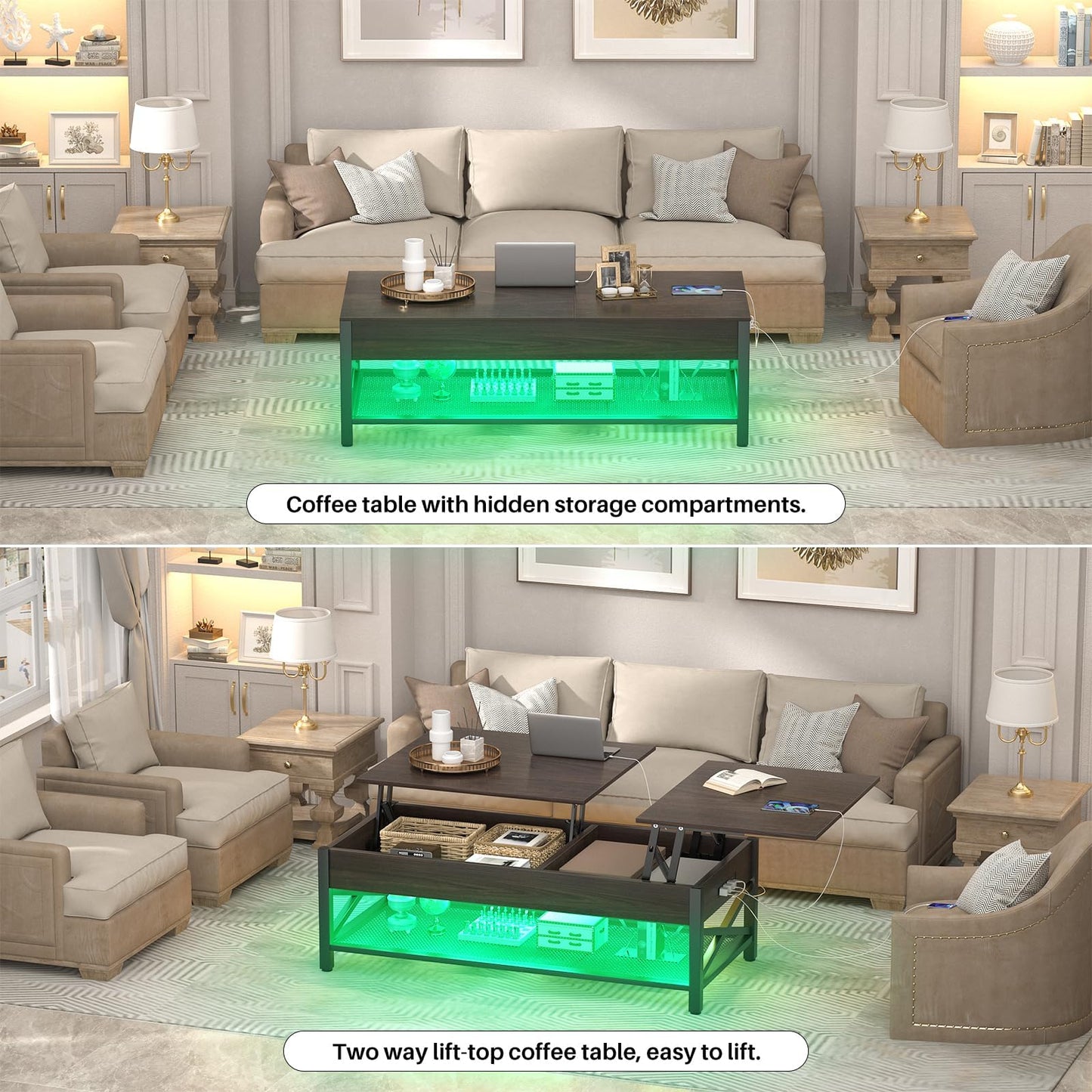 Aheaplus Coffee Table, Lift Top Coffee Table with LED light and Power Outlet, Modern Lift-Top Table with Storage Shelf, Center Table for Living Room with Lift Tabletop, X Support Metal Frame, Espresso