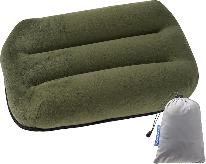 Kampair Ultralight Inflatable Camping Pillow for Sleeping – Soft Velvet Cover, Compact & Portable, Ergonomic Neck Support, Machine Washable Air Pillow, Perfect for Travel, Hiking, Backpacking – Green