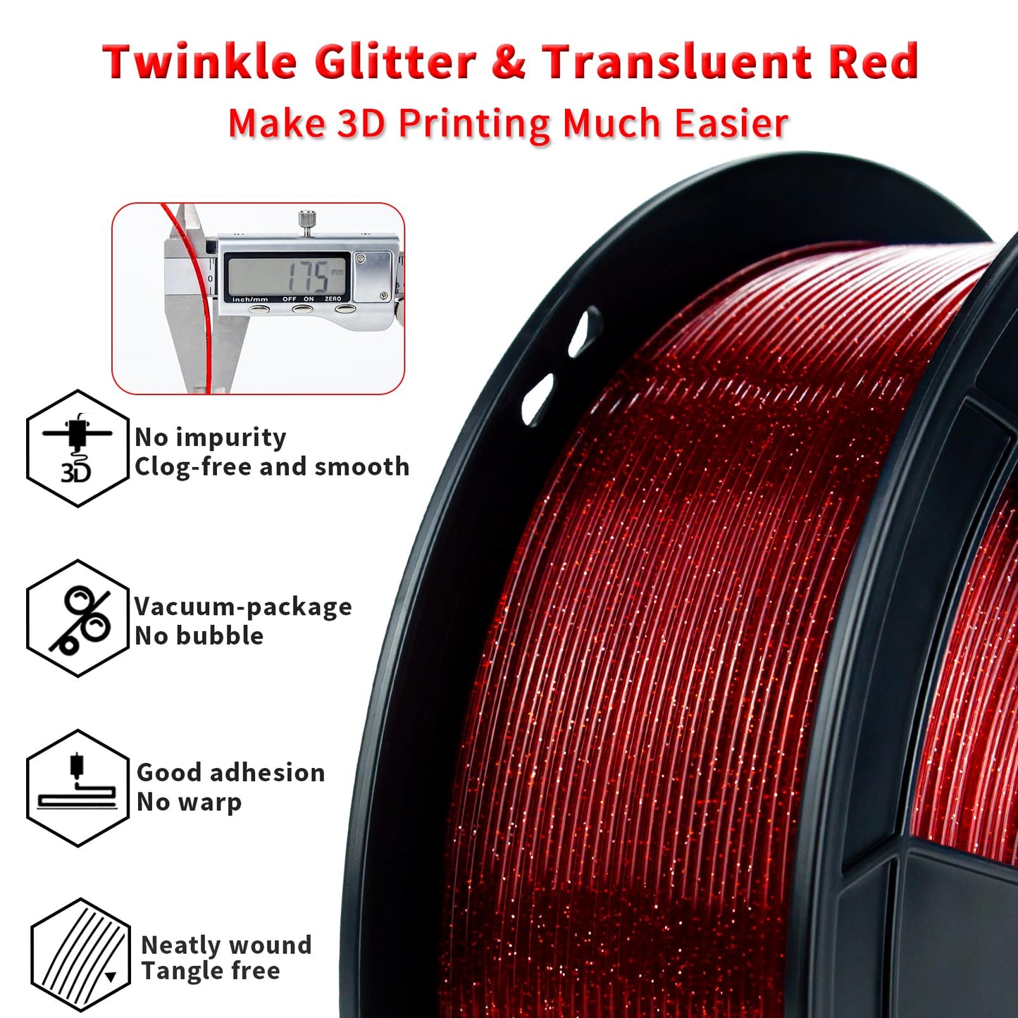 ZIRO Glitter PLA Filament 1.75mm, Semi-Transparent PLA Base, 3D Printer Filament Shiny Sparkle Material with Glitter, Twinkle Series 1KG Spool, fit Most FDM 3D Printers, Twinkling Red