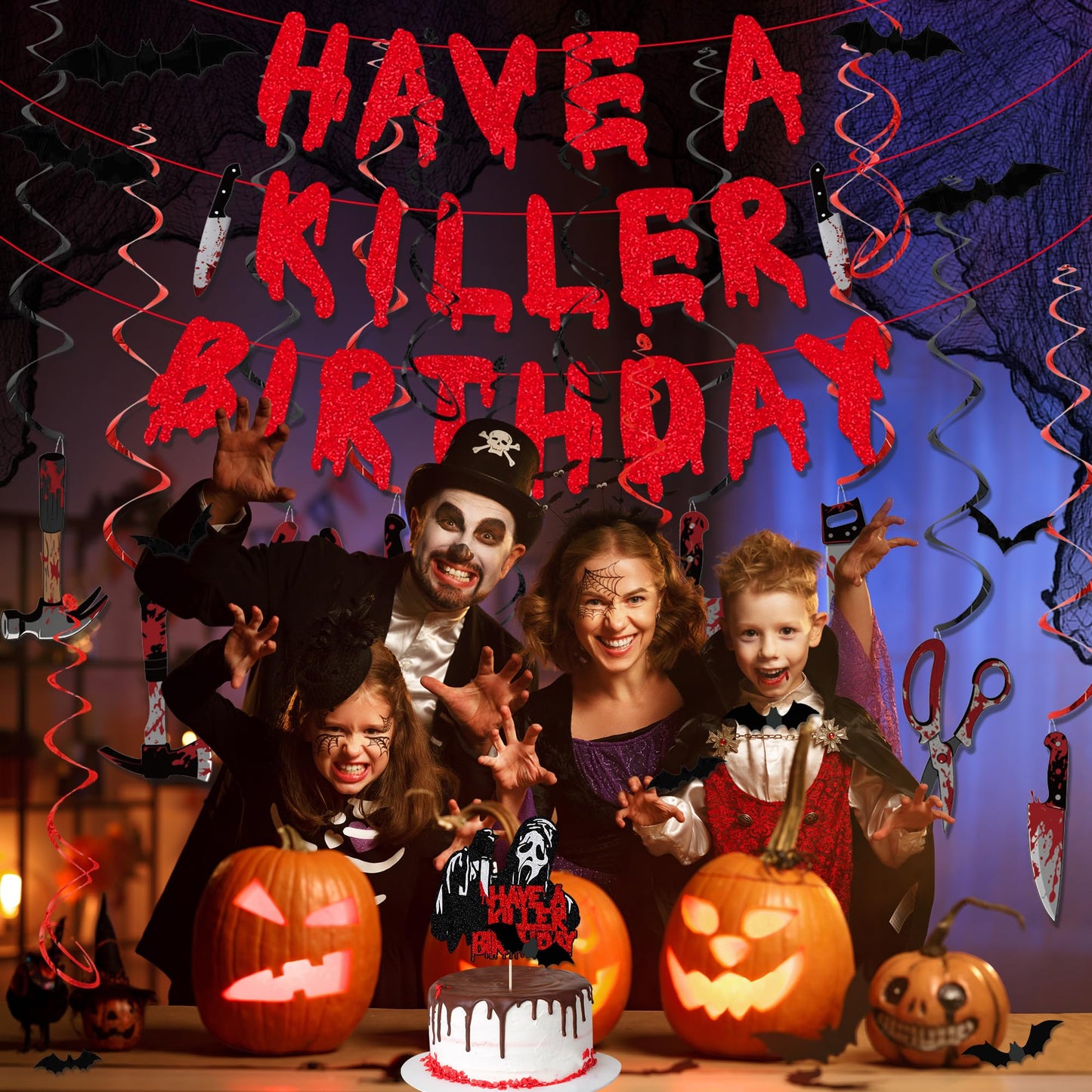 Trgowaul Halloween Horror Birthday Decorations, 31PCS Halloween Party Supplies, Hanging Swirls, Killer Cake Topper, Banner, Black Creepy Cloth&3D Bat Sticker for Spooky Haunted House Fireplace Decor