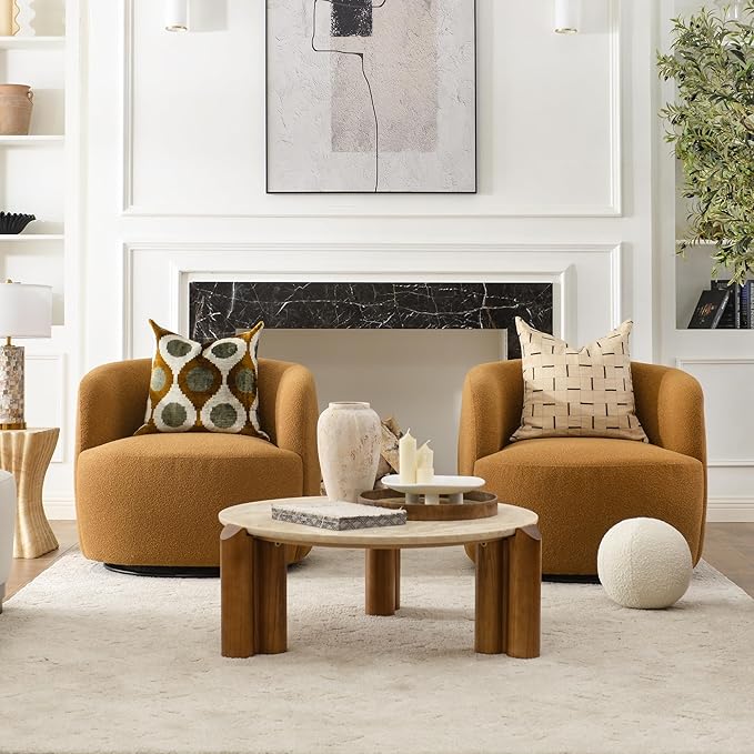 KINWELL 34" Wide Boucle Swivel Barrel Chairs Set of 2, No Assembly Round Upholstered Armchairs Accent Chairs Single Sofa Chair with Toss Pillow for Living Room and Bedroom, Brown