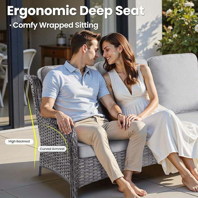 ovios 5 Pieces Patio Furniture Set, Outdoor Wicker Sofa Couch with Swivel Chairs Solar Lights Table, High Back Modern All Weather Conversation Sets, Grey Rattan, Grey