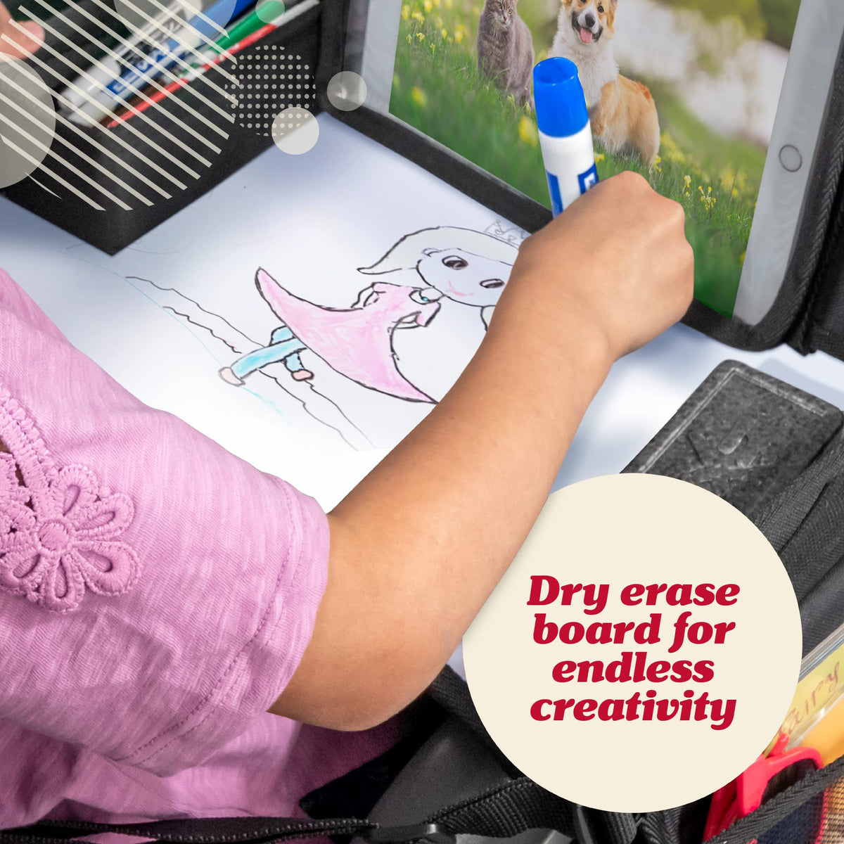 Lusso Gear Car Seat Tray for Kids Travel - Black 600D Oxford Lap Desk Organizer with Dry-Erase Surface, Tablet Stand, Snack Holder & Cup Holder - Travel Tray for Kids Car Seat