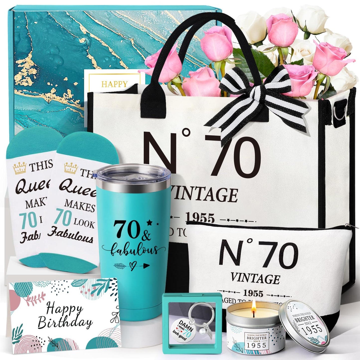 70th Birthday Gifts for Women，Gift Set for Women 1955 Canvas Tote Bag 70th Birthday Gift for Her Unique Gifts Basket for Her Turning 70 Mom Wife Sister Friend Grandma