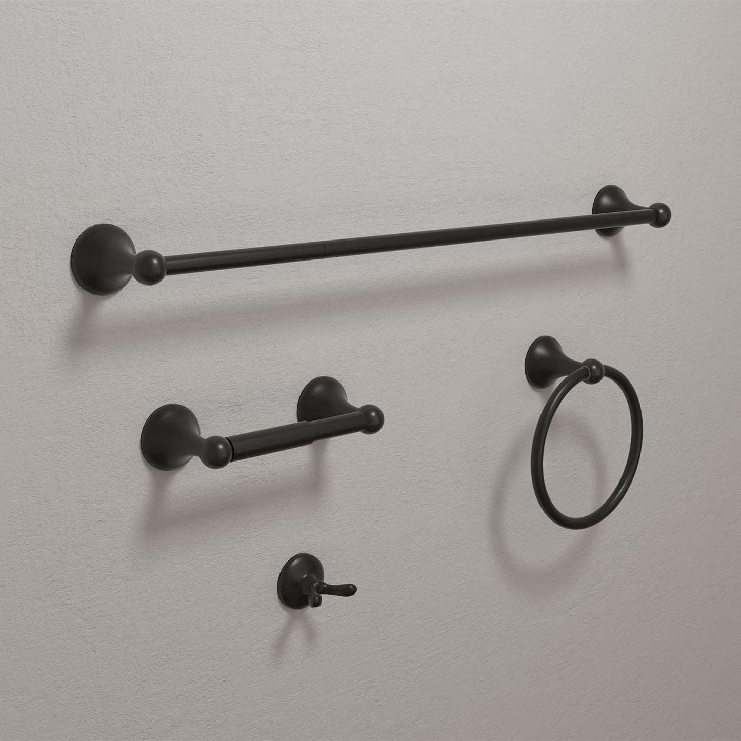 BGL Bathroom Accessory Set, Matte Black Adjustable Expandable Towel Bar 4-Piece Bathroom Hardware Set Wall Mounted Robe Hook Toilet Paper Holder Towel Ring Towel Bar