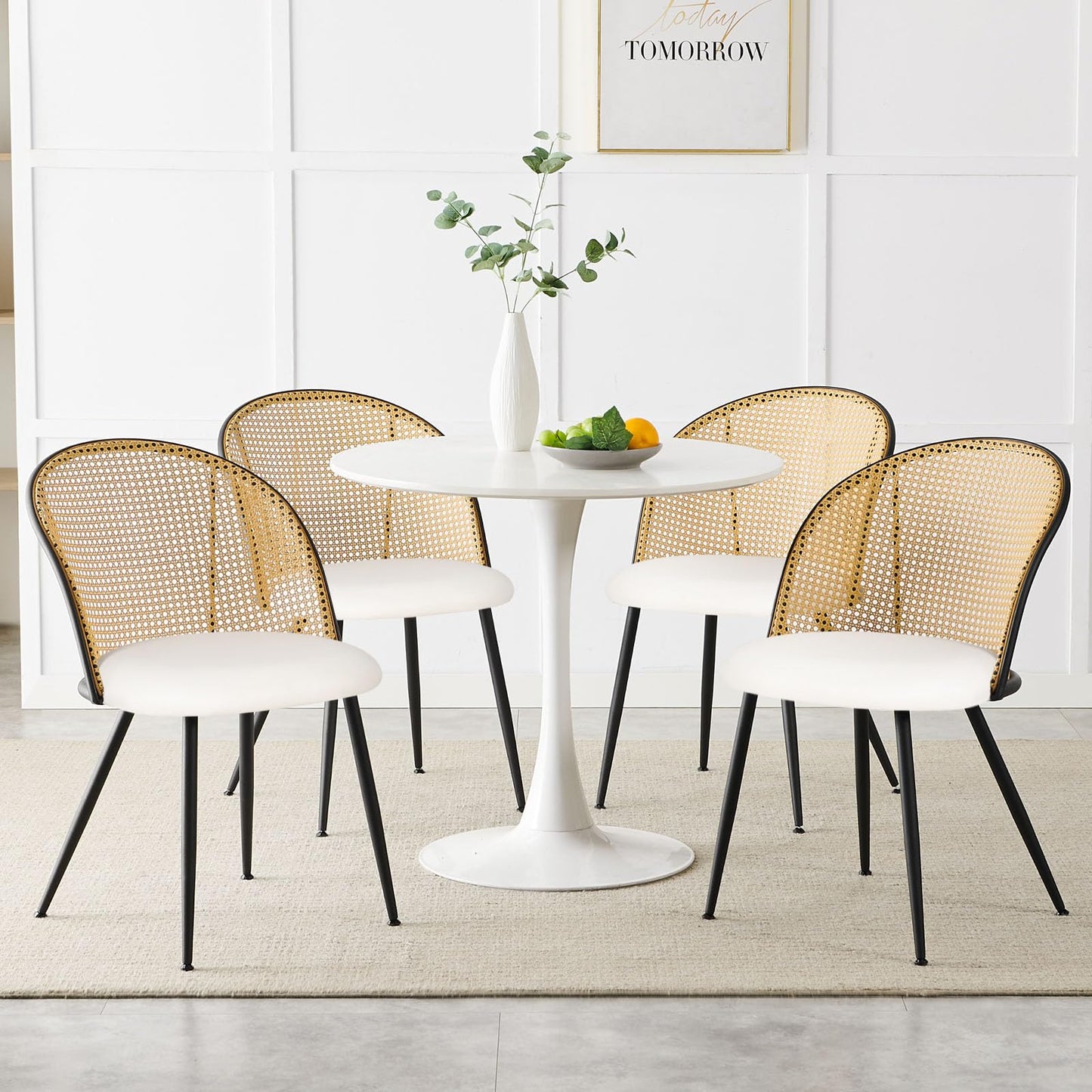 Bekrvio Dining Chairs Set of 4, Mid Century Modern Dining Room Chairs with Full Rattan Back, Faux Leather Kitchen Dining Chairs Farmhouse Armless Mesh Cane Back Side Chairs with Metal Legs, White