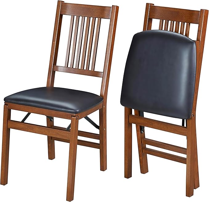 MECO Stakmore True Mission Wooden Folding Chairs with Padded Seats, Set of 2 - No Assembly Foldable Dining Chairs, Steel F...