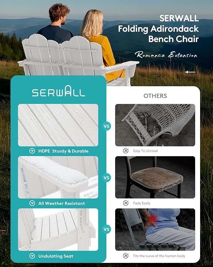 SERWALL Folding Adirondack Bench Set of 2, HDPE All-Weather Adirondack Loveseat, Folding Outdoor Bench, Whire