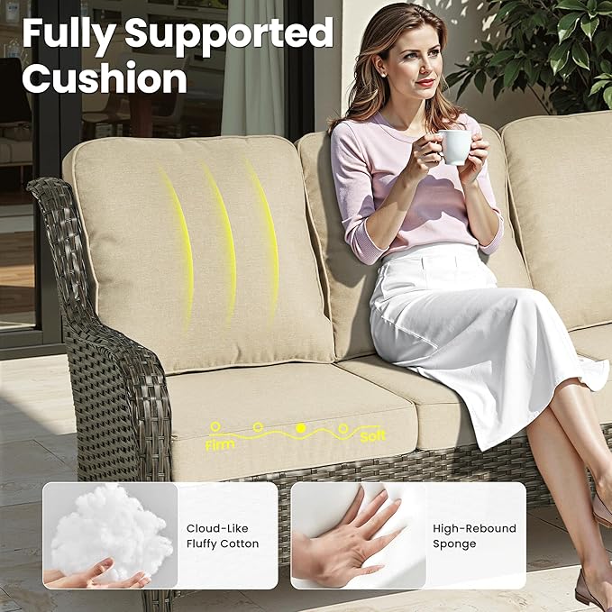 ovios 9 Pieces Patio Furniture Set, Outdoor Wicker Sofa Couch with Swivel Chairs Ottomans Comfy Cushions, High Back Modern All Weather Conversation Sets, Brown Rattan, Beige