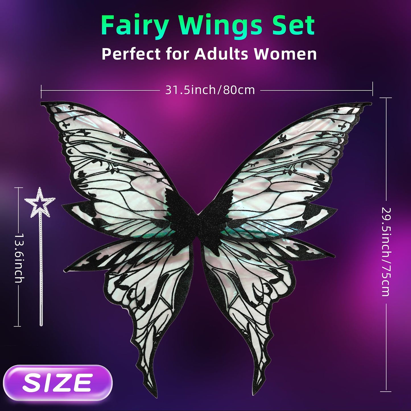 Fairy Wings for Adults Women 31.5"x29.5" Fairy Costume Set Large Butterfly Wings for Halloween Party Black