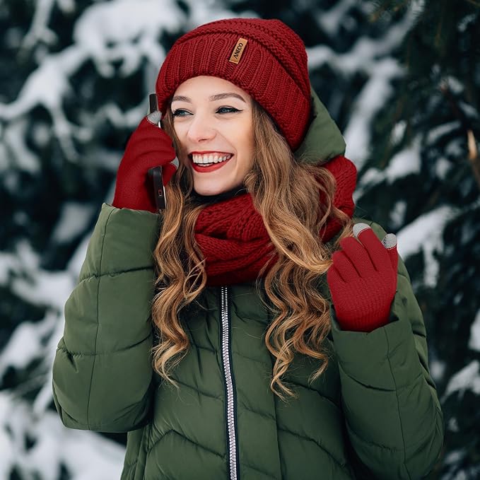 Aneco Winter Warm Sets Knitted Scarf Beanie Hat Touch Screen Gloves and Winter Ear Warmer for Men or Women