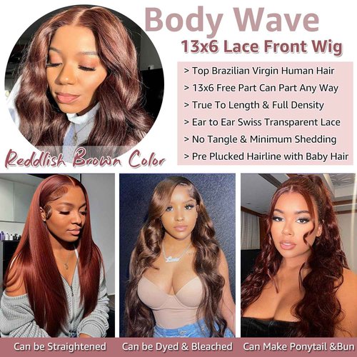 Royal Lady 28 Inch 13x6 Reddish Brown Lace Front Wigs Human Hair Pre Plucked Body Wave 13x6 HD Lace Frontal Wig for Women 220% Density Auburn Brown Colored Frontal Wigs Human Hair