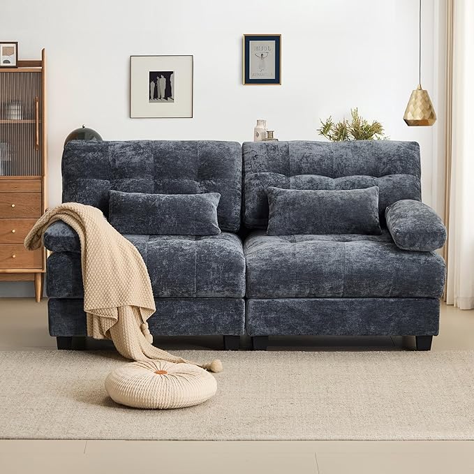 GRAINLLE 67'' Modern Chenille Love Seat Sleeper Cloud Couch Bed,Convertible Cozy Deep Seat Couches with Wide Armrest & Throw Pillows for Living Room,Home,Bedroom(Blue)