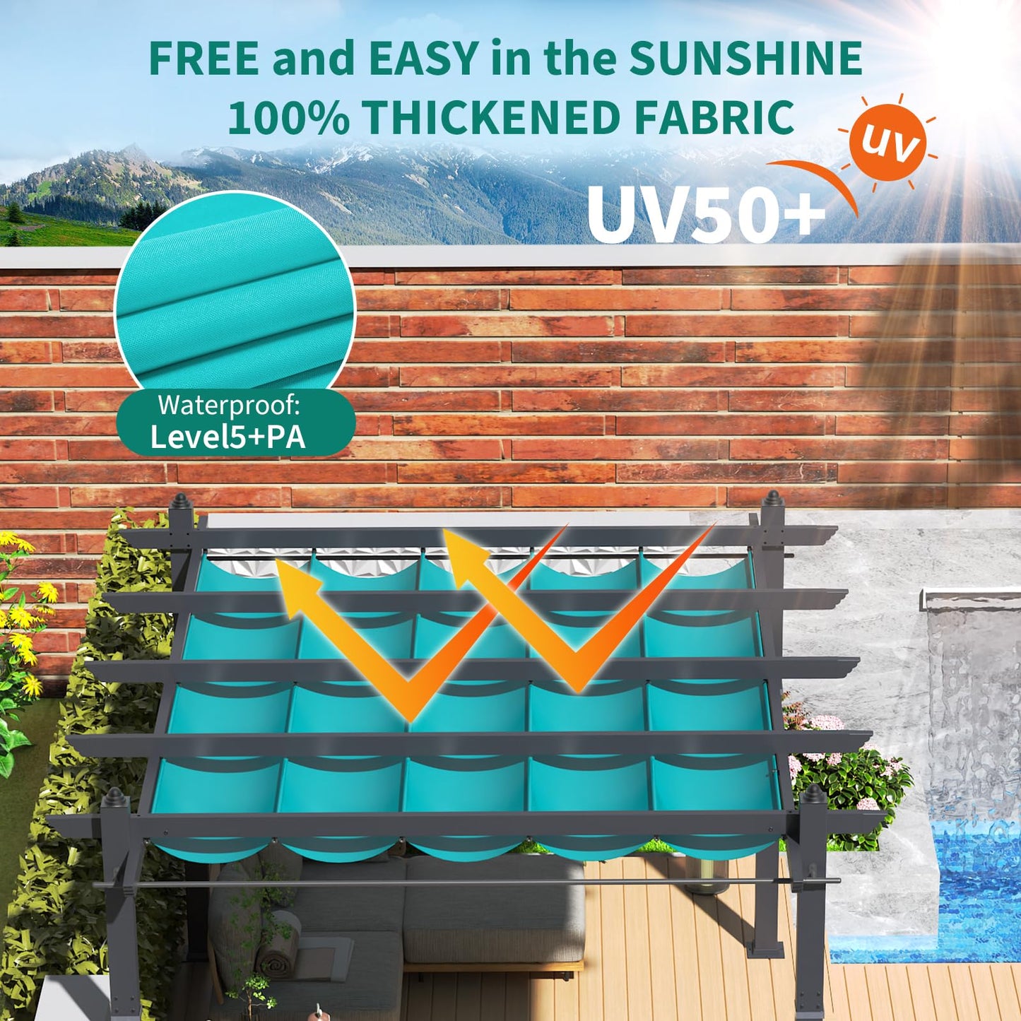 10x13 Ft Aluminum Pergola with Retractable Canopy and Netting, Modern Outdoor Patio Shade Shelter with Wood-Look Frame, Ideal for Backyard, Deck, or Porch
