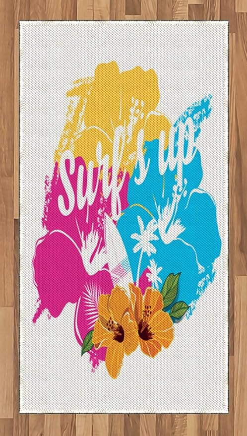 Ambesonne Beach Saying Area Rug, Tropical Hawaiian Hibiscus Flower Bouquet and Surf up Phrase with Paddle Board, Flat Wove...