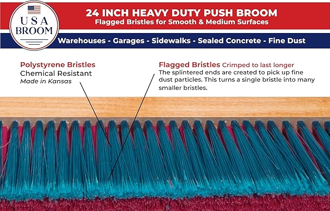 24" Everyday Sweep Indoor/Outdoor Push Broom with 60" Handle. Ideal for Garages & Shops. Durable American Made Steel Brackets-All Stainless Steel Hardware. No Plastic. 100% Made in The USA.