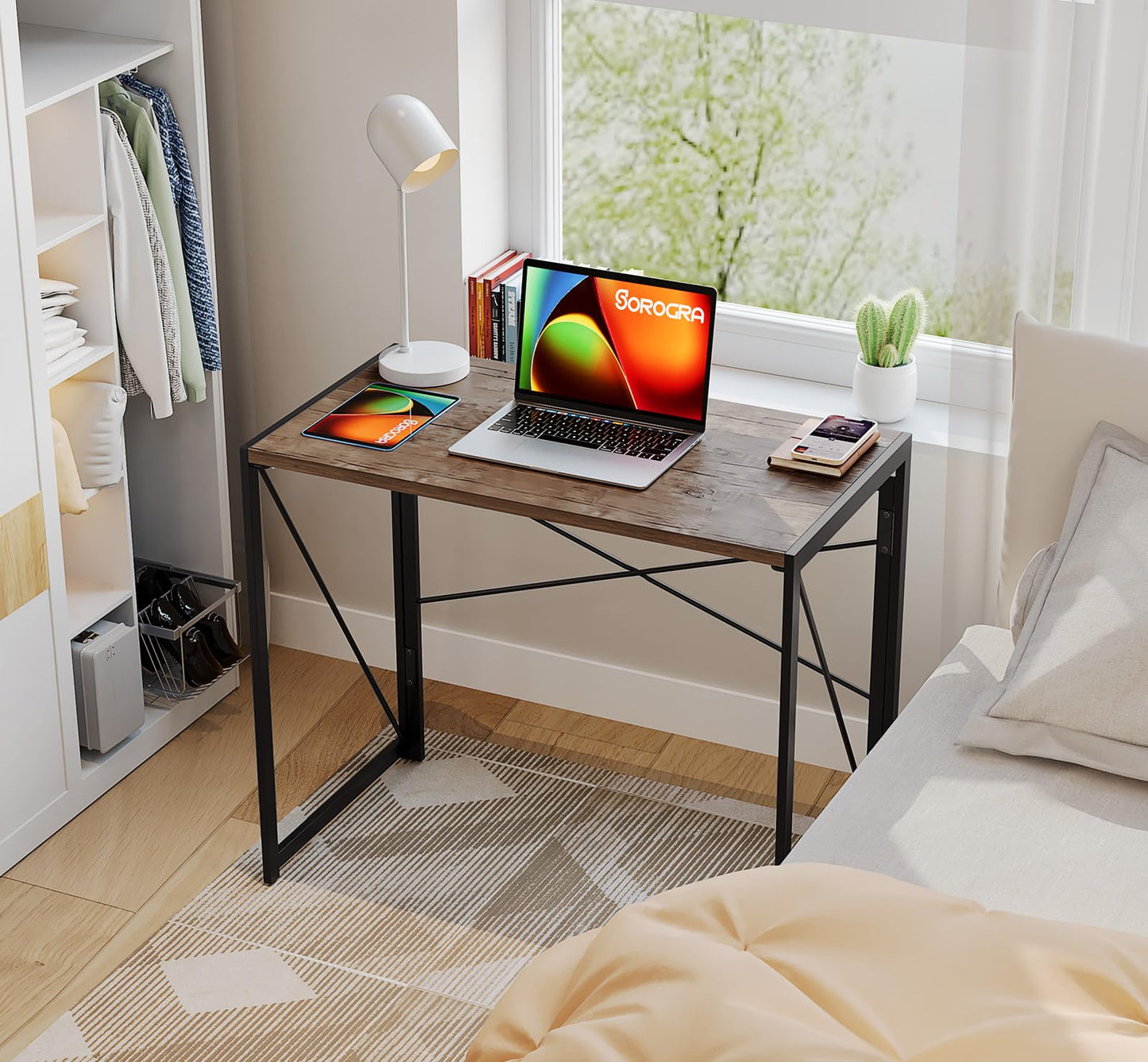Coavas Folding Desk 31.5 inch Foldable Small Portable Computer Desks, Spaces Saving Writing Sturdy Table for Bedroom, Home Office, Dorm, Apartment, Pre Assembled, Brown