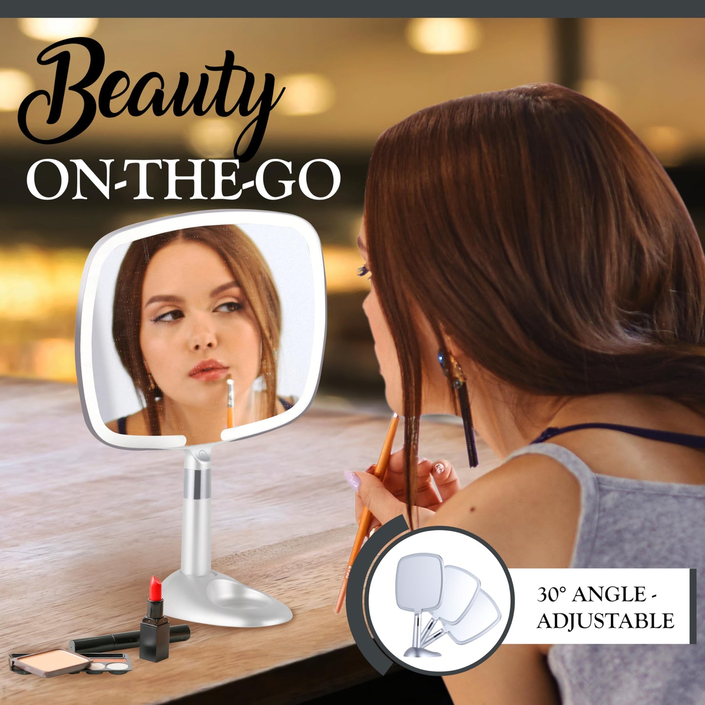 MIRRORVANA Lighted Travel Makeup Mirror - 2 in 1 Hand Mirror & Table Mirror with 3 Lighting Modes, Detachable Stand and Comfy Ha