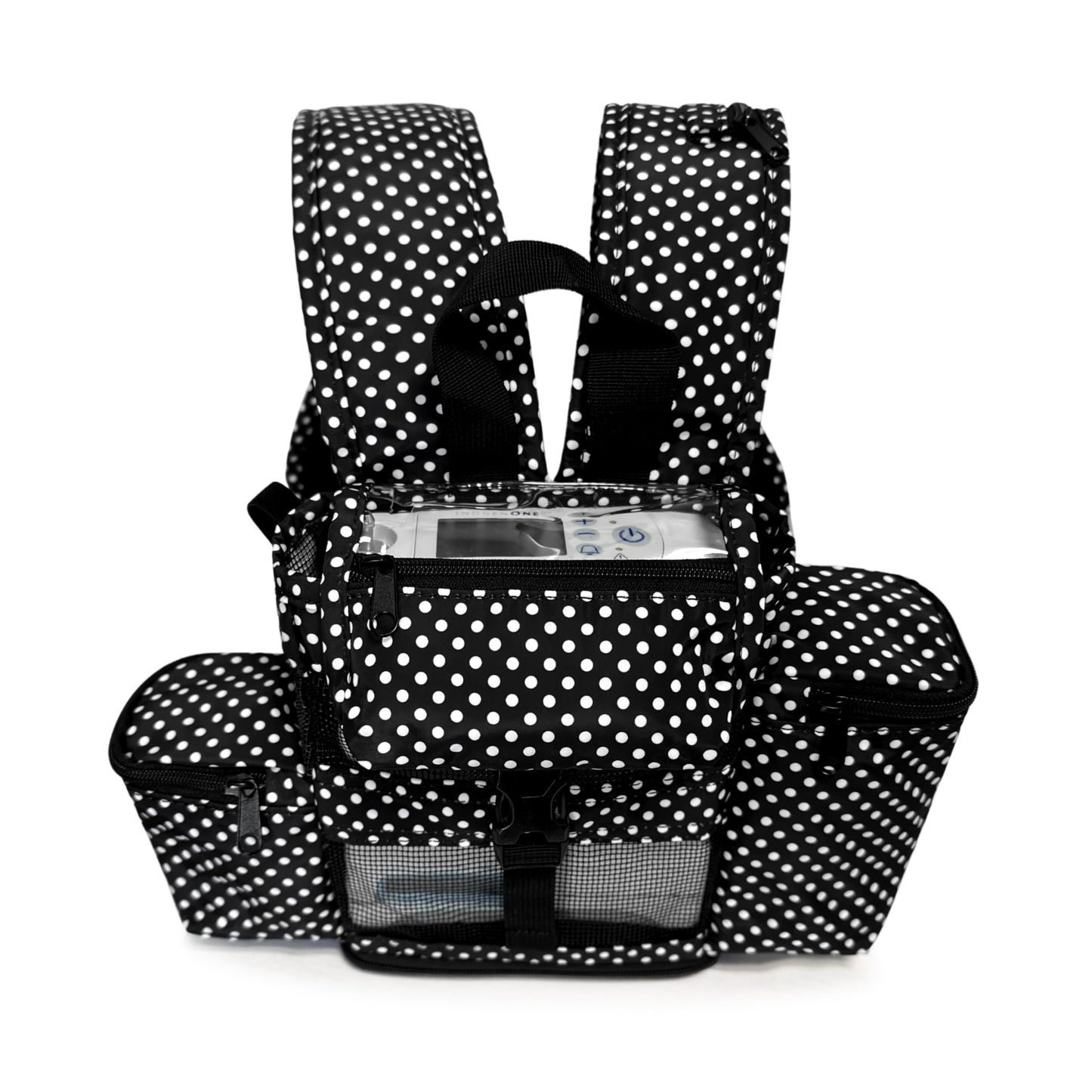 o2totes lightweight backpack fit for Inogen One G4, Inogen Rove 4, OxyGo Fit; pockets for extra inogen accessories, comfortable backpack straps, polka dot
