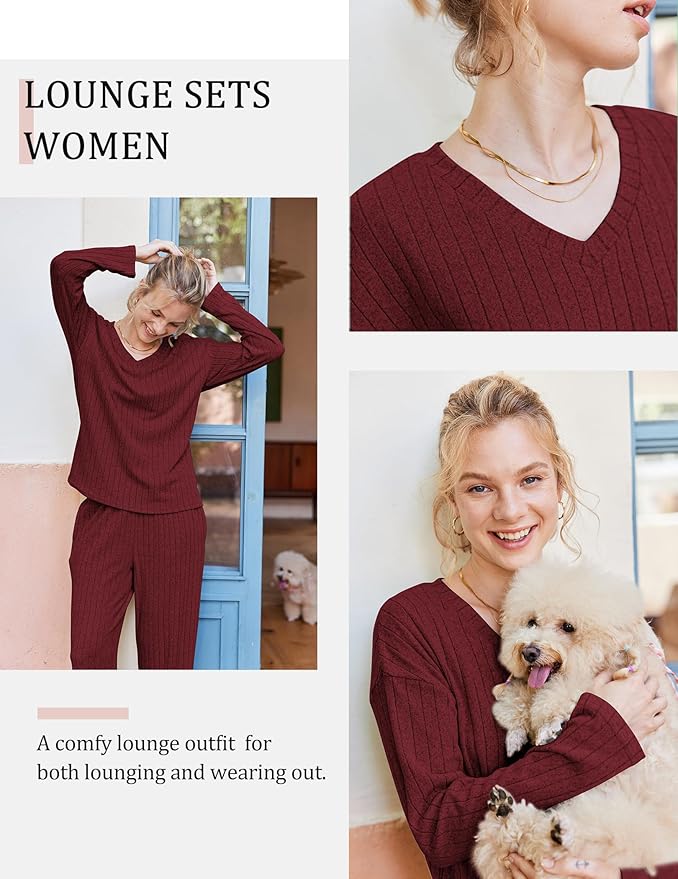 Ekouaer Lounge Sets for Women Long Sleeve Knit Ribbed Pajama Sets 2 Piece Casual Loungewear with Pockets