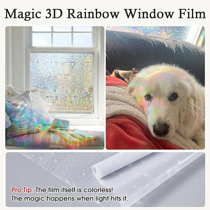 Windimiley Rainbow Window Privacy Film, 3D Stained Glass Christmas Decorative Window Clings, UV Heat Blocking Holographic Prism Stickers for Home(23.6 x 118.1In,Pure)